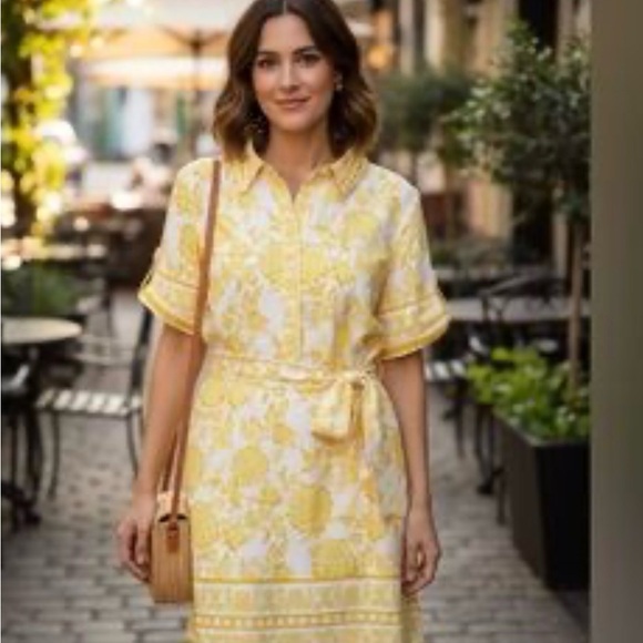Alex Marie Dresses & Skirts - Alex Marie Yellow Floral Midi Shirt Dress with Tie Waist